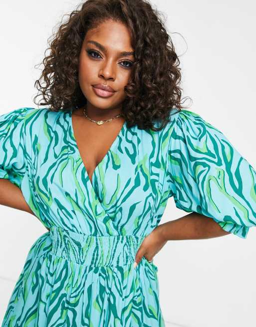 River Island Plus - Robe mi-longue froncée à imprimé ondoyant - Bleu vif, 3 de 4