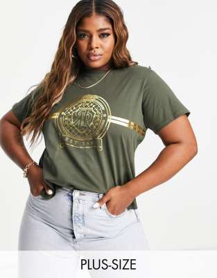 River Island Plus RR graphic button shoulder t-shirt in khaki