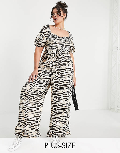 River Island Plus ruched front tiger print beach jumpsuit in brown