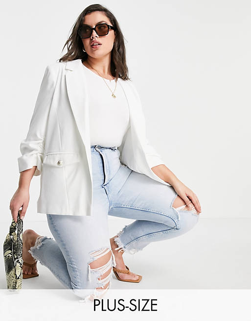River Island Plus ruched sleeve blazer in white