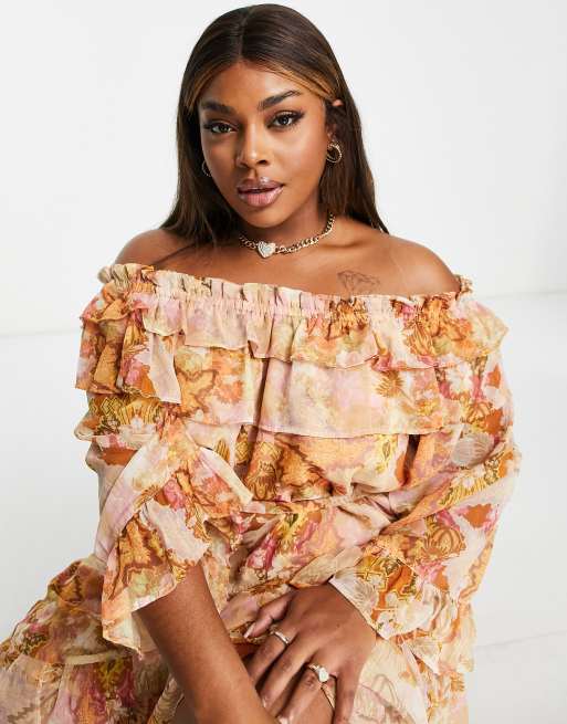river island orange bardot dress Saira Midi Dress In Orange Sorbet