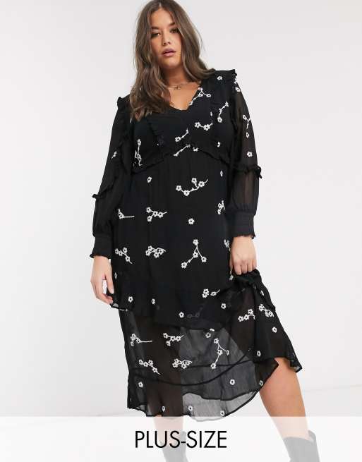 River Island Plus ruffle dress with contrast embroidery in black | ASOS