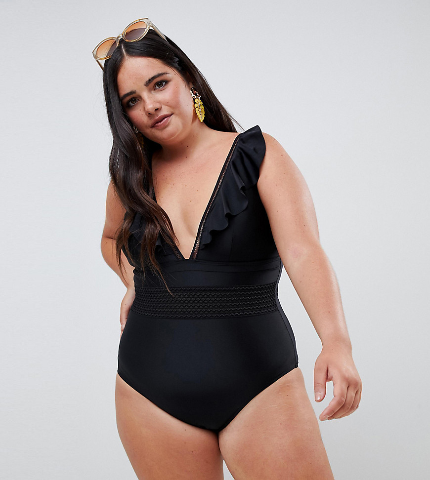 River Island Plus ruffle front swimsuit in black
