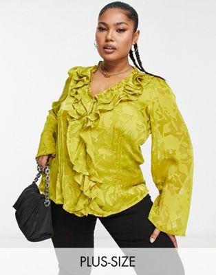 River Island Plus ruffle satin devore blouse in yellow jacquard