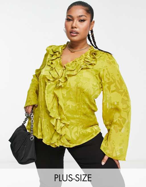 River Island Plus ruffle satin devore blouse in yellow jacquard | ASOS