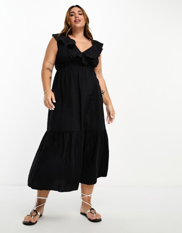 River Island Plus - ruffle smock maxi dress in black