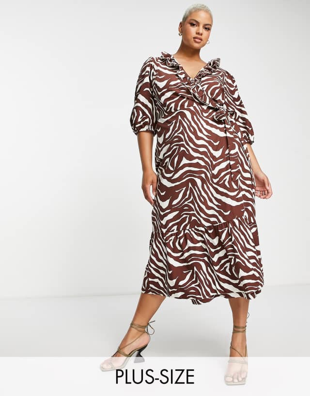 River Island Plus ruffle wrap midi dress in brown