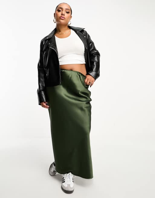 River Island Plus satin bias maxi skirt in khaki ASOS