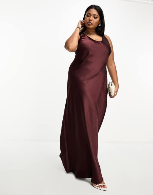 Brown satin halter neck maxi slip dress