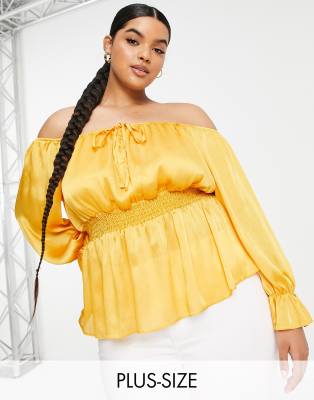 Plus-size top by River Island Waist-up dressing Bardot neck Tie detail Shirred stretch waist Regular fit