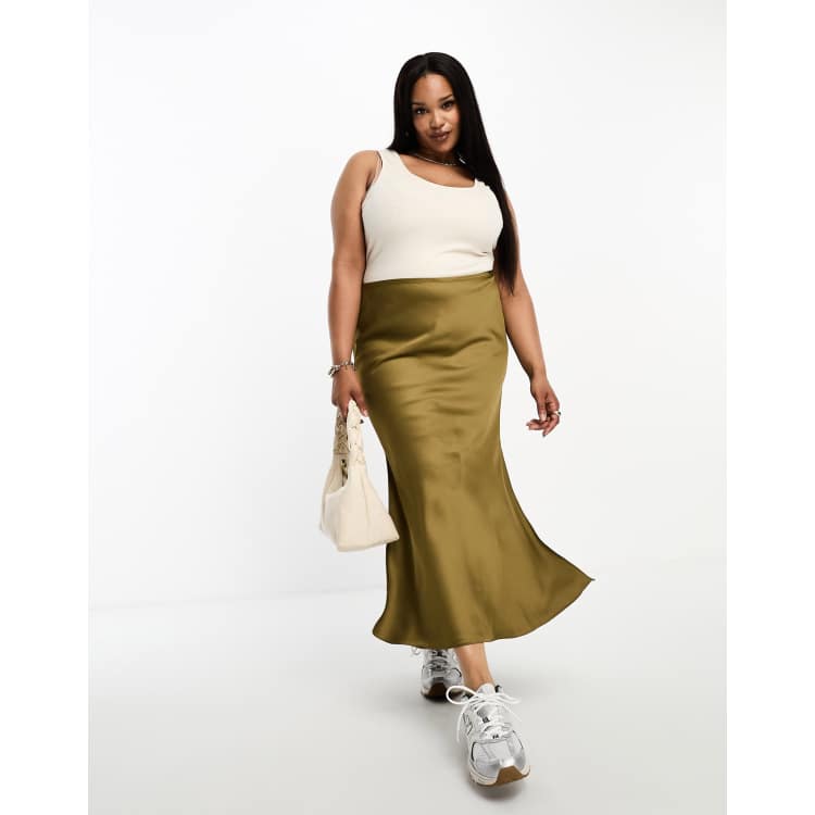 River Island Plus satin side split midi skirt in khaki