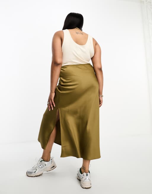 River Island Plus satin side split midi skirt in khaki