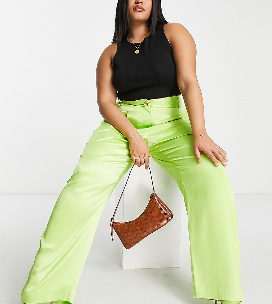 River Island Plus satin tailored pants in lime - part of a set-Yellow