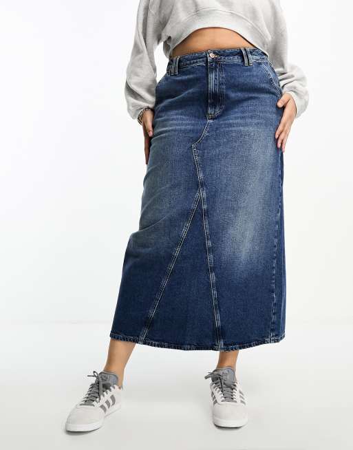 River Island Plus seam detail denim maxi skirt in dark denim | ASOS