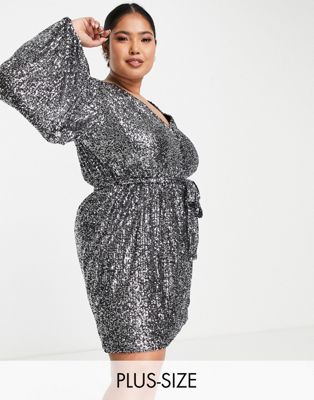 River Island Plus sequin embellished mini dress in silver