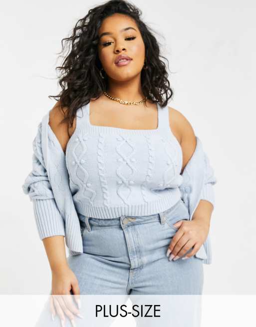 River Island Plus - Set met gebreid vest en bralette met kabels in blauw