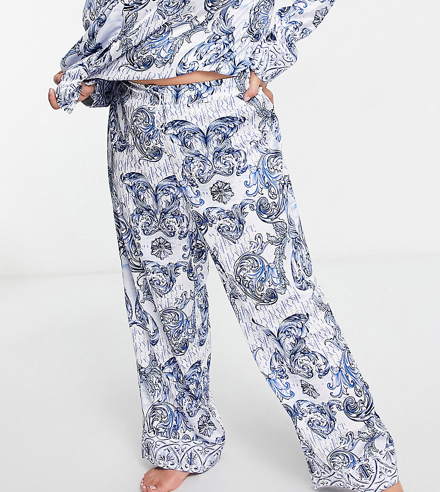 River Island Plus set paisley printed satin pajama pants in blue-Blues