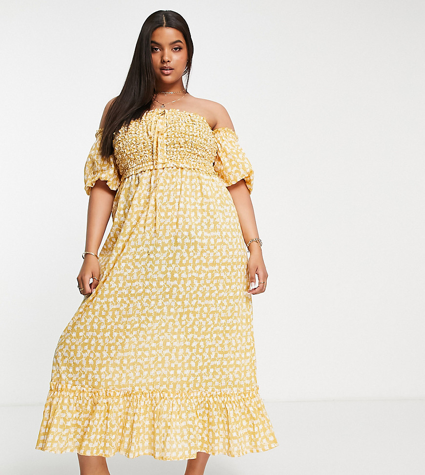 Plus-size dress by River Island Summer styled Floral gingham design Shirred stretch bust Puff sleeves Tie detail Frill hem Regular fit