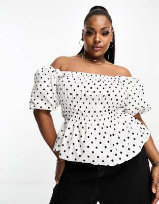 River Island Plus Shirred Bardot Top In White Polka Dot