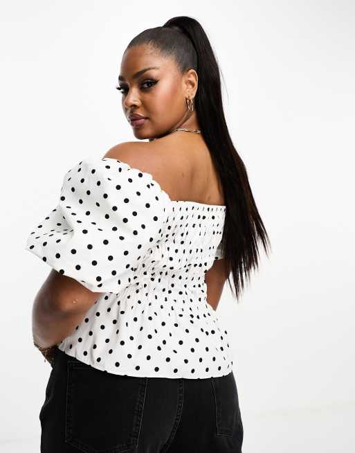 River Island Plus shirred bardot top in white polka dot ASOS