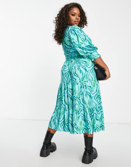 River Island Plus shirred midi dress in bright blue swirl print, 2 of 4