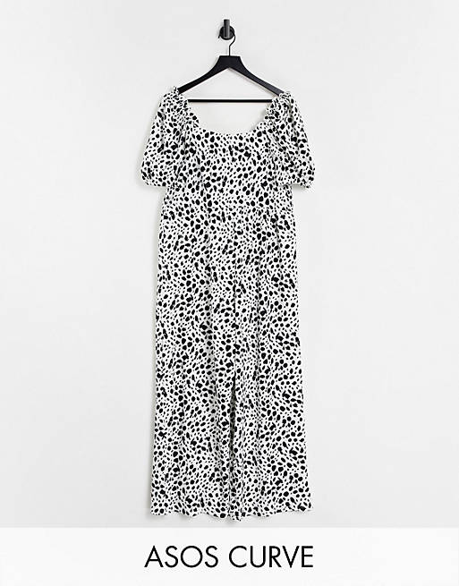 River Island Plus shirred spotted print jumpsuit in beige