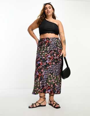 River Island Plus side split satin midi skirt in black floral