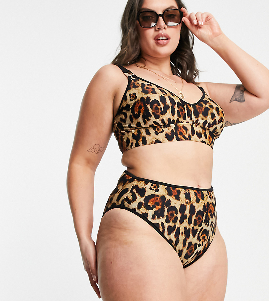 Costume Marrone donna River Island Plus - Slip bikini marrone con stampa leopardata