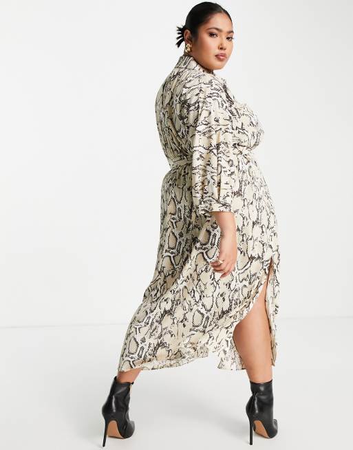 River Island Plus snake print belted midi shirt dress in cream