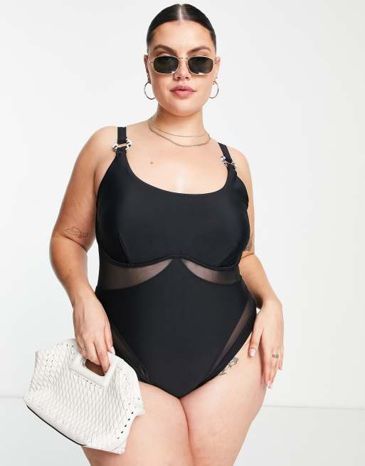 River Island Plus - Sort badedragt med bøjle og mesh-detaljer, 3 af 4