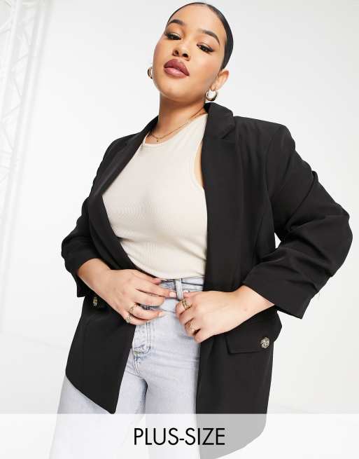 River Island Plus - Sort blød blazer med rynkede ærmer