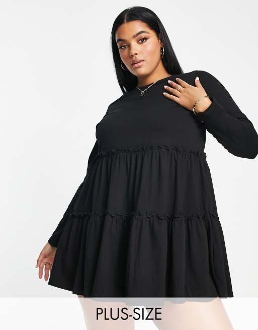 River Island Plus - Sort, langærmet lagdelt smockmini-t-shirtkjole
