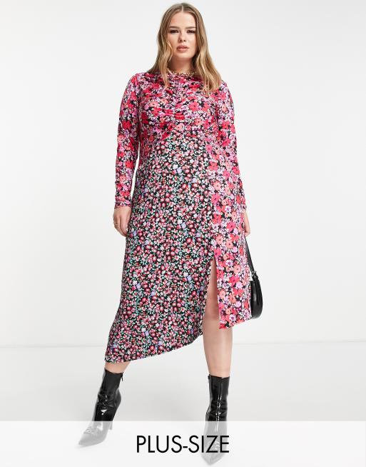 River Island Plus spliced floral midi dress in bright pink | ASOS