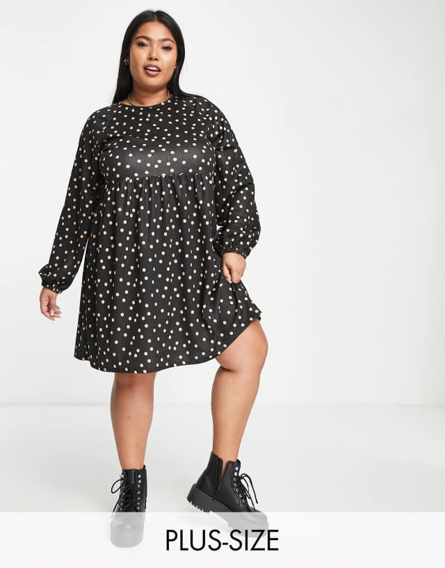 River Island Plus spot smock mini dress in black