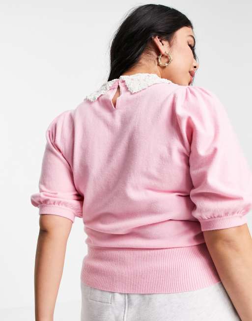 River Island Plus - Strikket top i pink med poplin-krave, 2 af 4
