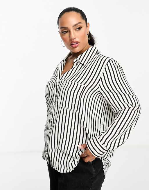 River Island Plus stripe satin shirt in black