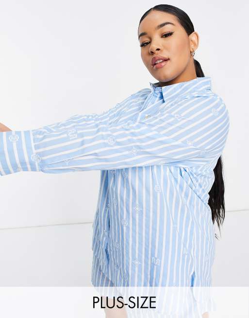River Island Plus striped logo pajama shirt in blue part of a set ASOS