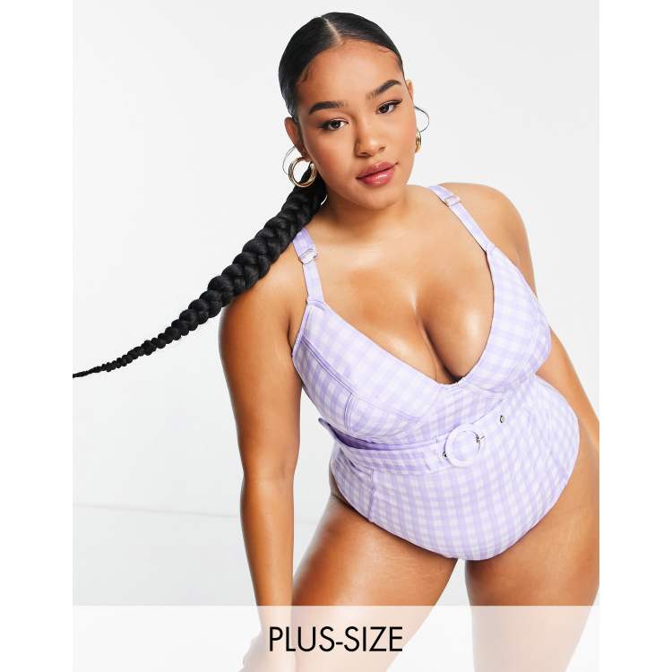 River Island Plus structured belted gingham swimsuit in purple