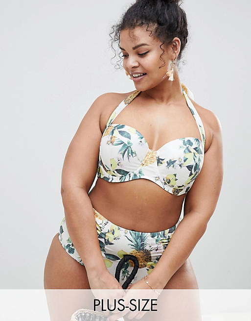 River Island Plus Supportive Halter Neck Pineapple Print Bikini Top