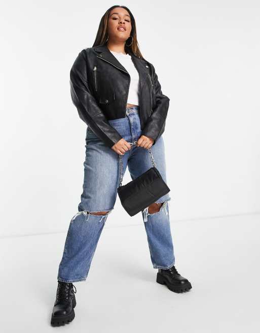 River Island Plus – Svart bikerjacka i läderimitation, 3 av 4