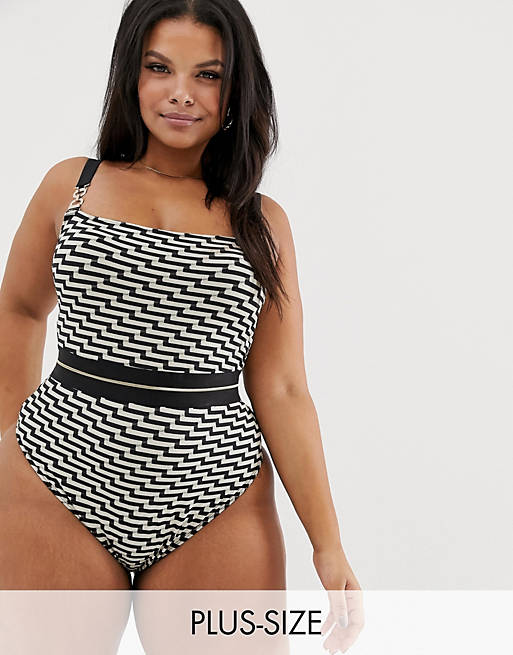 River Island Plus swimsuit with square neck in zig zag print