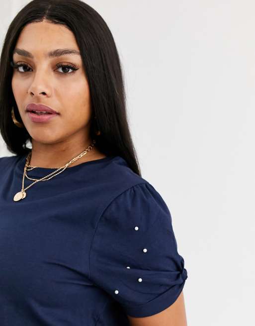 River Island Plus - T-shirt met parels op de mouwen in marineblauw, 3 van 4