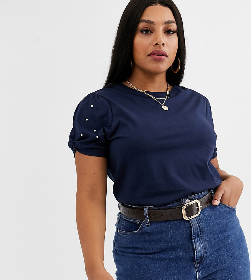River Island Plus t-shirt with pearl sleeve detail in navy-Blue