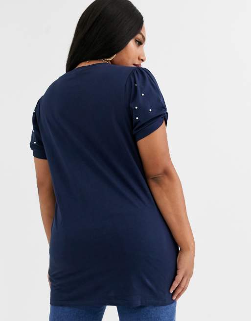 River Island Plus t-shirt with pearl sleeve detail in navy, 2 of 4