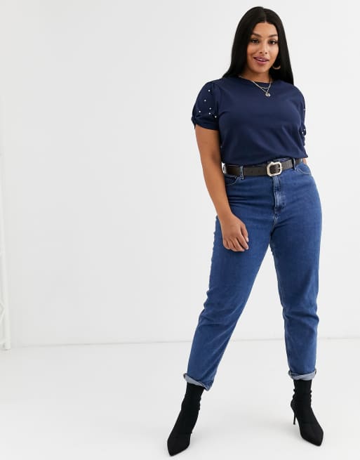 River Island Plus t-shirt with pearl sleeve detail in navy, 4 of 4
