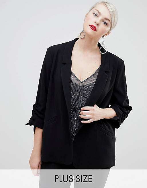 River Island Plus tailored blazer with ruched sleeves in black