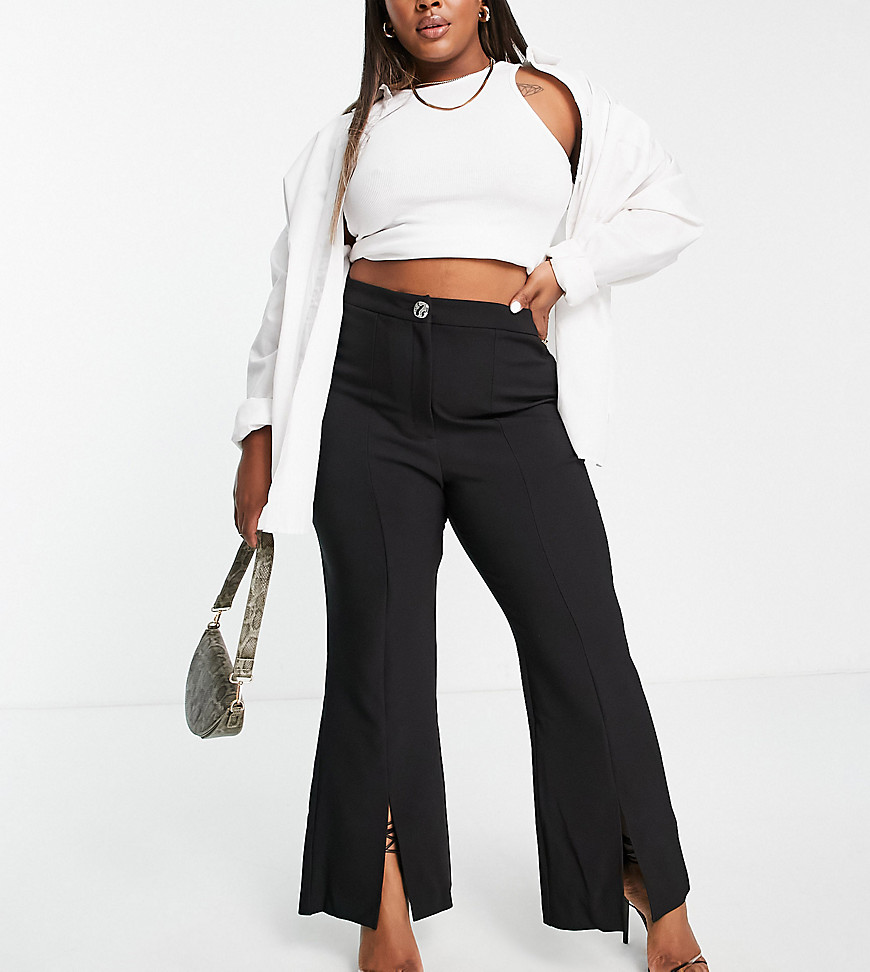 River Island Plus tailored flare pants with front slit in black