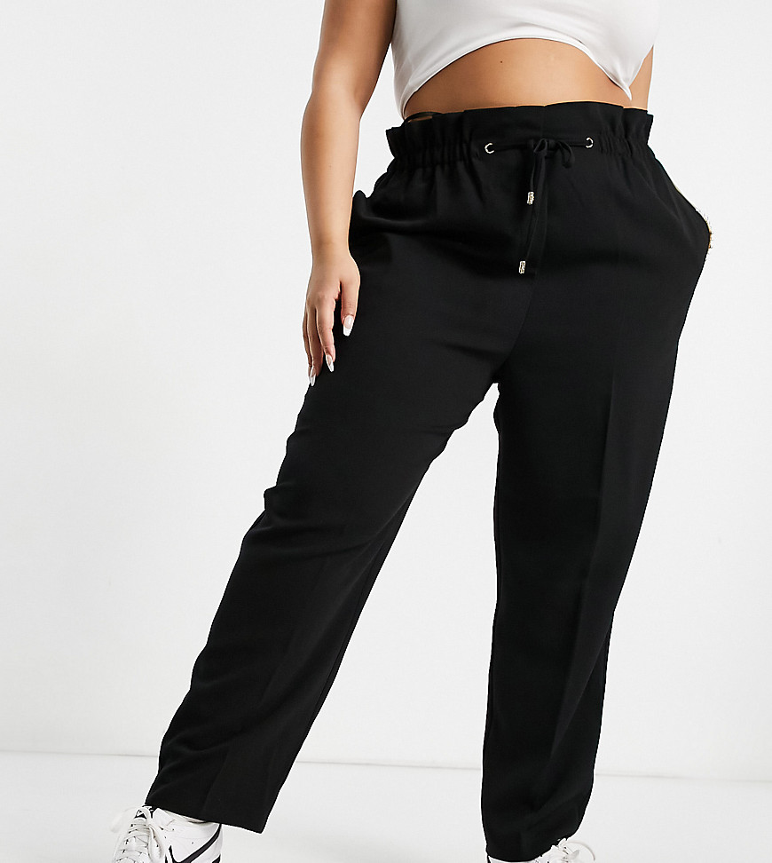 River Island Plus tailored joggers with paperbag waist in black