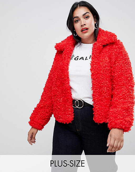 River Island Plus teddy jacket in red