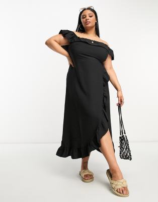 Naked Wardrobe Ruched Shoulder Detail Draped Maxi Dress in Black